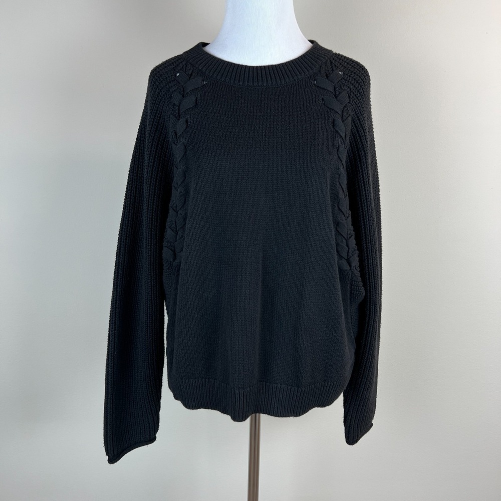 Simply Vera Wang Sweater Womens PXL Black Braided Chunky Knit Dolman Sleeve Crew